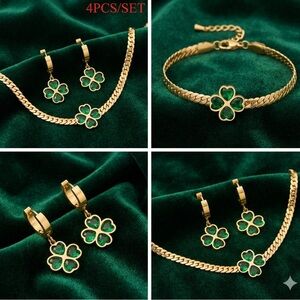 Elegant Gold and Green Clover Jewelry Set